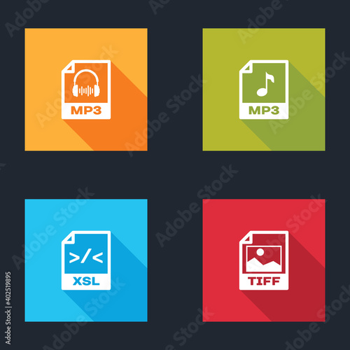 Set MP3 file document, , XSL and TIFF icon. Vector.