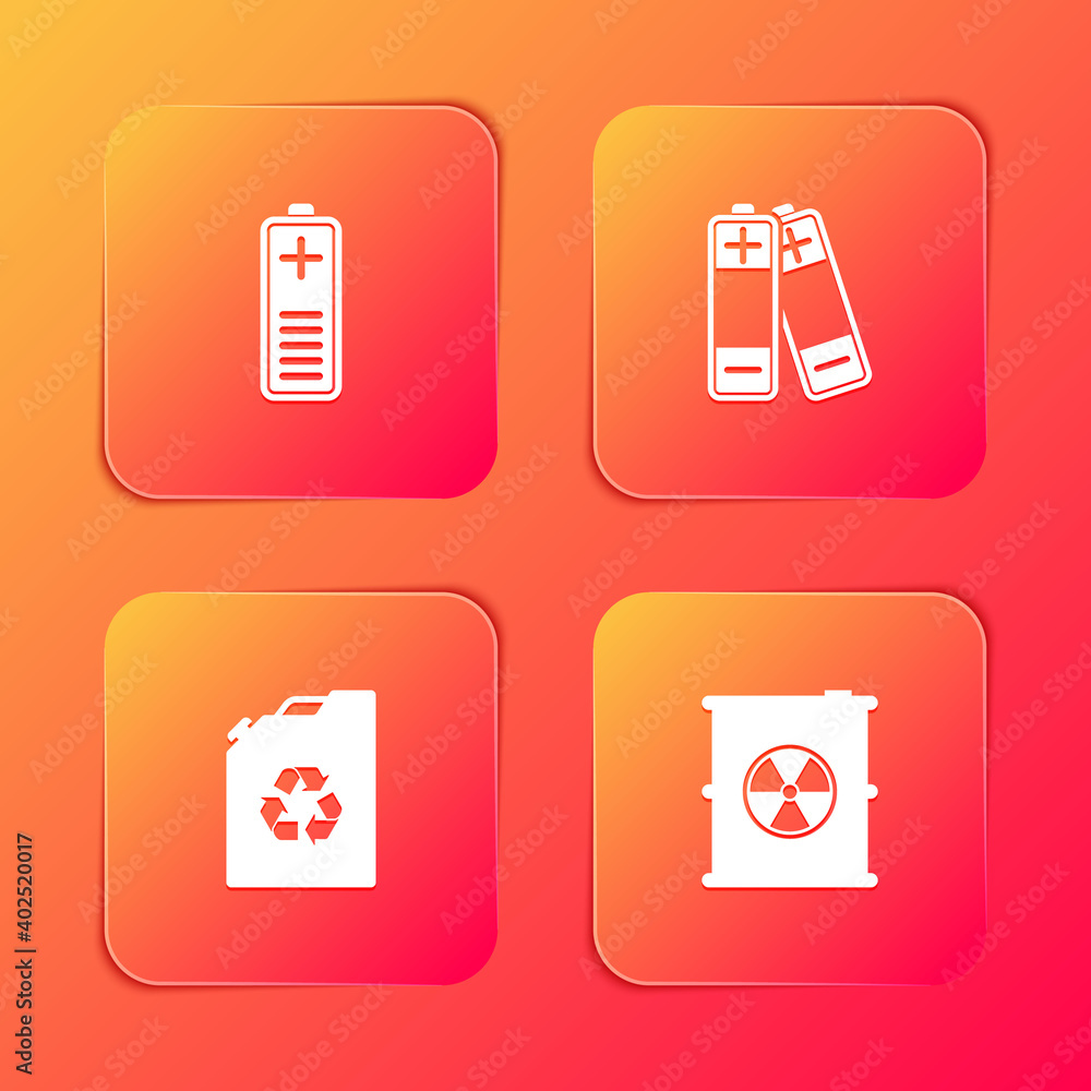 Set Battery charge level indicator, , Eco fuel canister and Radioactive waste barrel icon. Vector. Set Battery charge level indicator, , Eco fuel canister and Radioactive waste barrel icon. Vector.