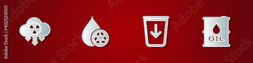 Set Acid rain and radioactive cloud, Recycle clean aqua, Send to the trash and Oil barrel icon. Vector.
