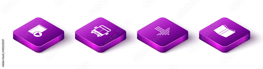 Set Isometric Audio book, Bus, Dots arrow and Open icon. Vector.