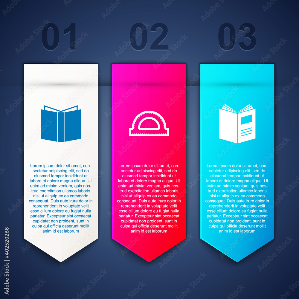 Fototapeta premium Set Open book, Protractor grid and . Business infographic template. Vector.
