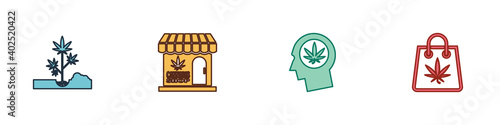 Set Planting marijuana, Marijuana and cannabis store, Head profile with and Shopping bag icon. Vector.