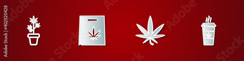 Set Marijuana plant in pot, Shopping bag of marijuana, or cannabis leaf and Cup coffee with icon. Vector.