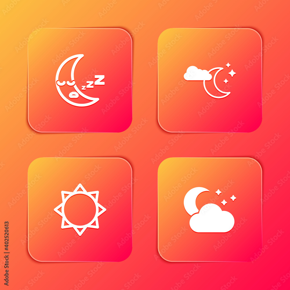 Set Moon icon, Cloud with moon and stars, Sun and icon. Vector. Set Moon icon, Cloud with moon and stars, Sun and icon. Vector.
