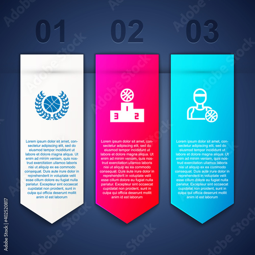 Set Award with basketball ball, Sports winner podium and Basketball player. Business infographic template. Vector.