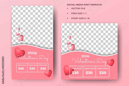 Set of Editable banner template. Valentine's day sale banner design. Pink background with love decoration. Suitable for social media feed, story, and internet ads. Vector design with a photo collage.