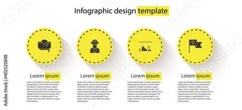 Set Pirate hat, captain, Sunken ship and flag with skull. Business infographic template. Vector.