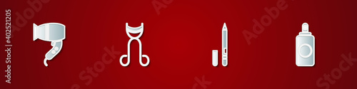Set Hair dryer, Eyelash curler, Eyeliner, eyebrow and Spray can icon. Vector.