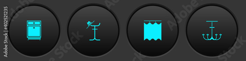 Set Furniture nightstand, Coat, Curtains and Chandelier icon. Vector.