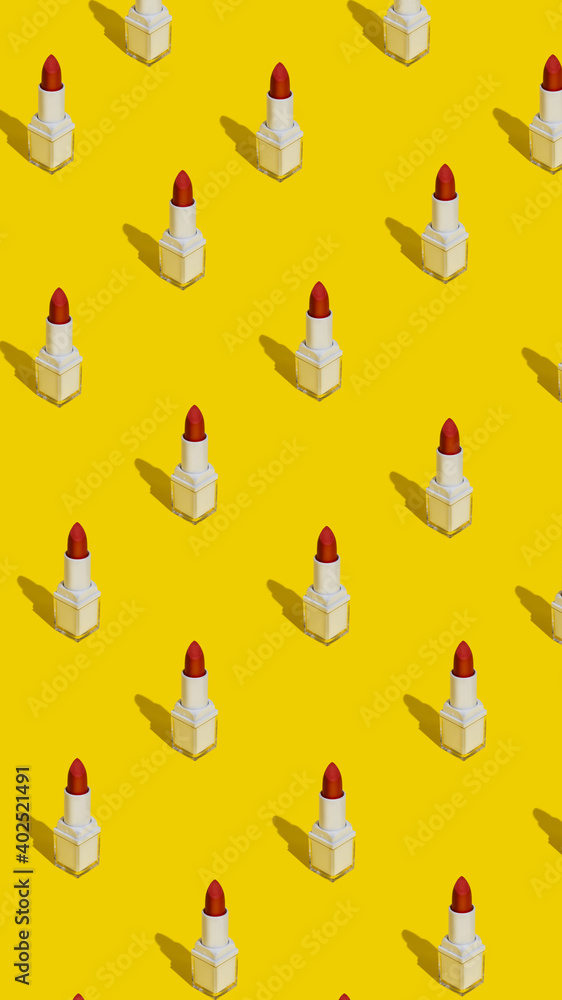 Make up pattern made with red lipstick on yellow background. Minimal beauty salon concept with trendy summer shadows. Flat lay, top view. Make up pattern made with red lipstick on yellow background. Minimal beauty salon concept with trendy summer shadows. Flat lay, top view.