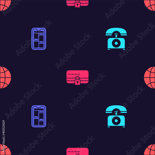 Set Telephone, Online shopping, Credit card with lock and Worldwide on seamless pattern. Vector.