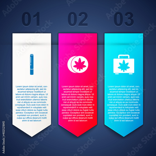 Set Marijuana joint, Herbal ecstasy tablets and Shopping box of marijuana. Business infographic template. Vector.