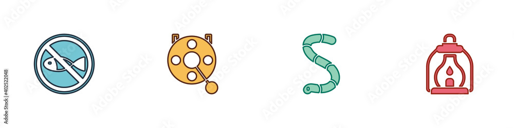 Set No fishing, Spinning reel for, Worm and Camping lantern icon. Vector. Set No fishing, Spinning reel for, Worm and Camping lantern icon. Vector.