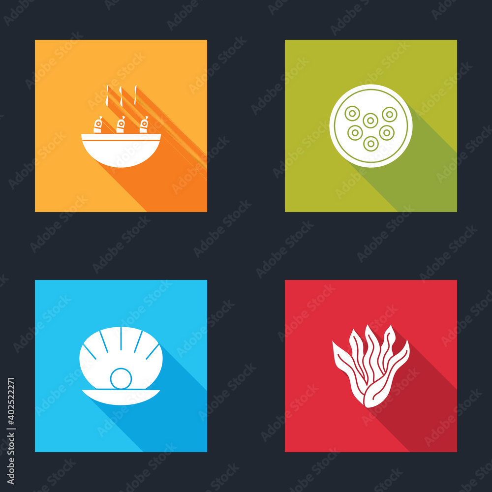 Set Soup with shrimps, Caviar on a plate, Shell pearl and Seaweed icon. Vector.
