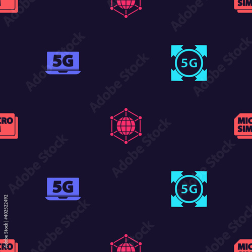 Set 5G network, Laptop with, Social and Micro Sim Card on seamless pattern. Vector.