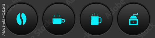 Set Coffee beans, cup, and Manual coffee grinder icon. Vector.