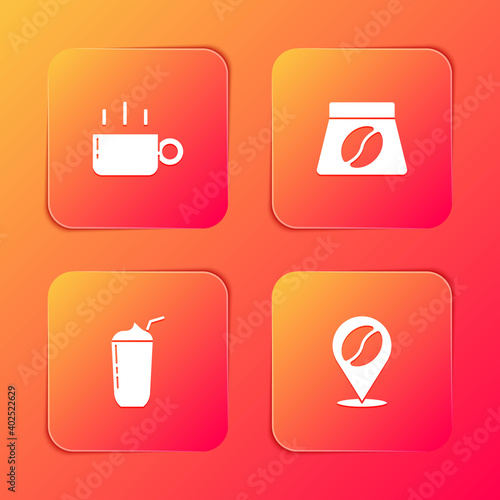 Set Coffee cup, Bag coffee beans, Milkshake and Location with icon. Vector.