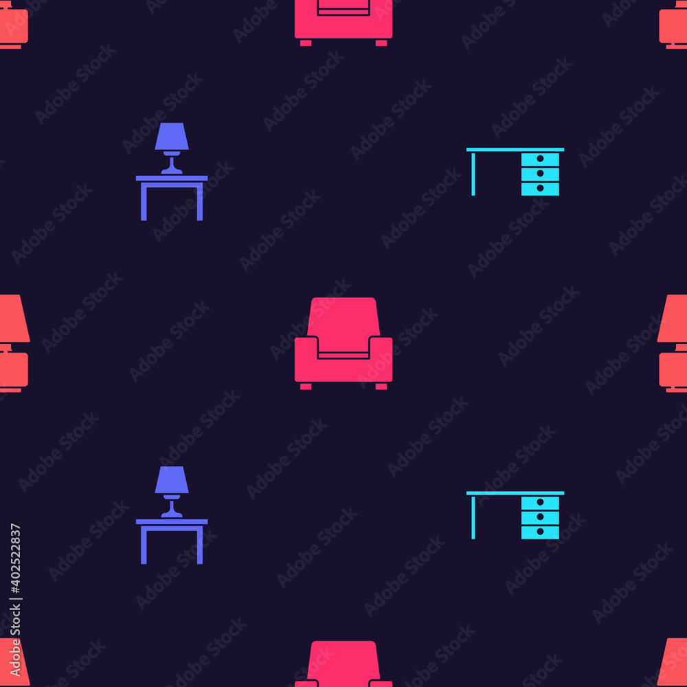 Set Office desk, Table lamp on table, Armchair and on seamless pattern. Vector.