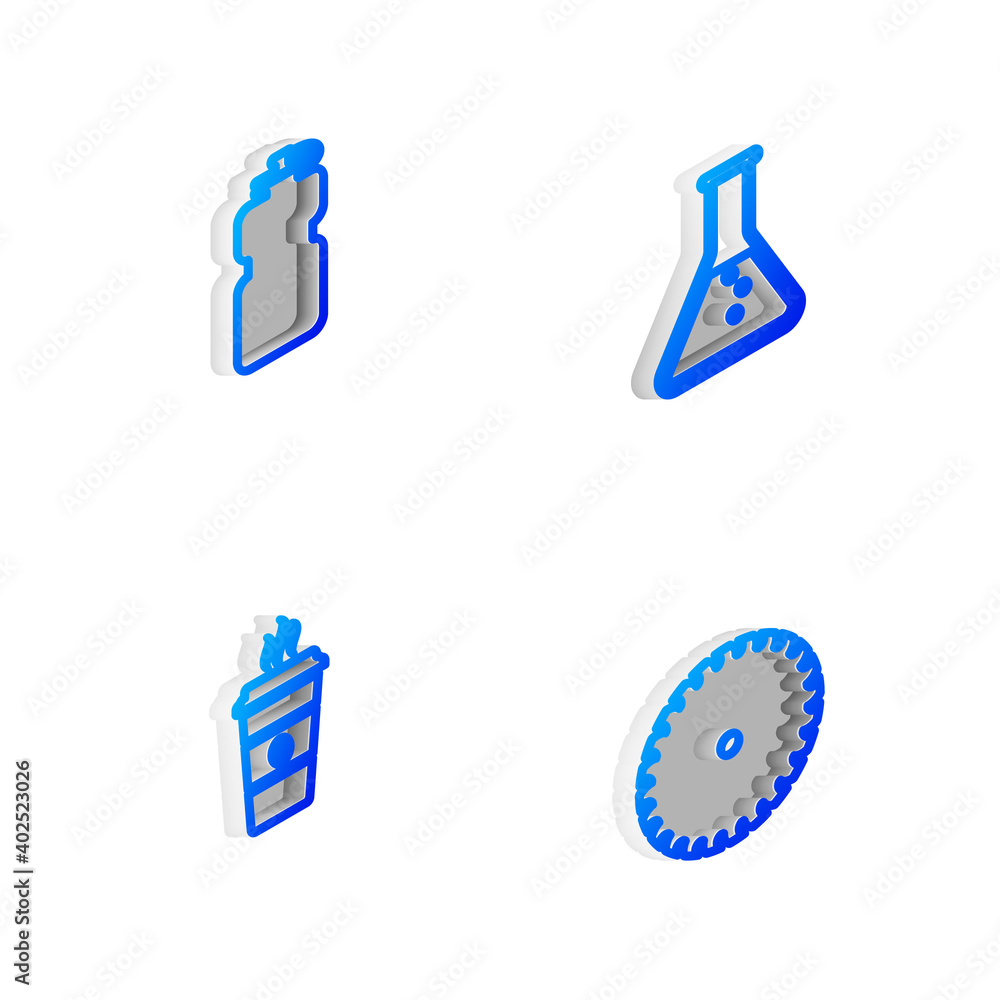 Set Isometric line Test tube and flask, Sport bottle with water, Coffee cup and Circular saw blade icon. Vector. Set Isometric line Test tube and flask, Sport bottle with water, Coffee cup and Circular saw blade icon. Vector.