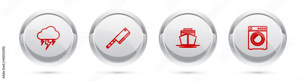 Set line Storm, Meat chopper, Ship and Washer. Silver circle button. Vector. Set line Storm, Meat chopper, Ship and Washer. Silver circle button. Vector.