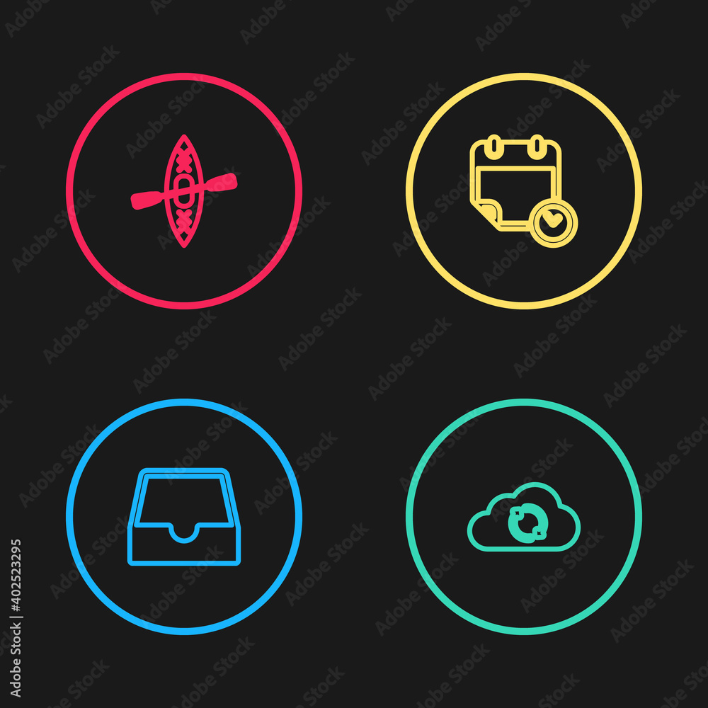 Set line Social media inbox, Cloud sync refresh, Calendar and clock and Kayak paddle icon. Vector. Set line Social media inbox, Cloud sync refresh, Calendar and clock and Kayak paddle icon. Vector.