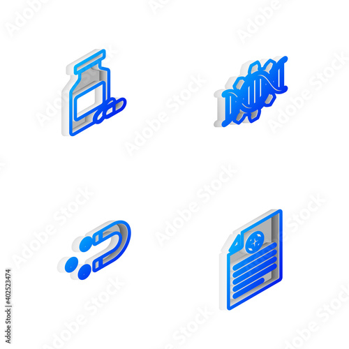 Set Isometric line Genetic engineering, Medicine bottle and pills, Customer attracting and Clinical record icon. Vector. © vector_v