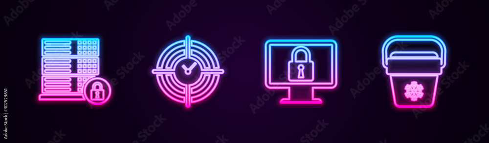 Set line Server security with lock, Time Management, Lock on monitor and Cooler bag. Glowing neon icon. Vector. Set line Server security with lock, Time Management, Lock on monitor and Cooler bag. Glowing neon icon. Vector.