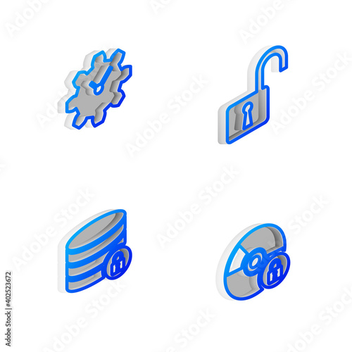 Set Isometric line Open padlock, Time Management, Server security with and CD or DVD disk icon. Vector.