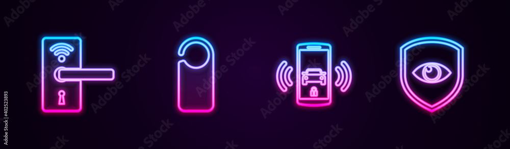 Set line Digital door lock with wireless, Please not disturb, Smart car alarm system and Shield and eye. Glowing neon icon. Vector. Set line Digital door lock with wireless, Please not disturb, Smart car alarm system and Shield and eye. Glowing neon icon. Vector.