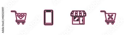 Set line Add to Shopping cart, Market store, Smartphone, mobile phone and Remove shopping icon. Vector.