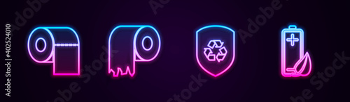 Set line Toilet paper roll, , Recycle inside shield and Eco nature leaf and battery. Glowing neon icon. Vector.