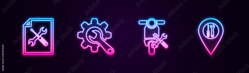 Set line File document service, Wrench and gear, Scooter and Location. Glowing neon icon. Vector. Set line File document service, Wrench and gear, Scooter and Location. Glowing neon icon. Vector.
