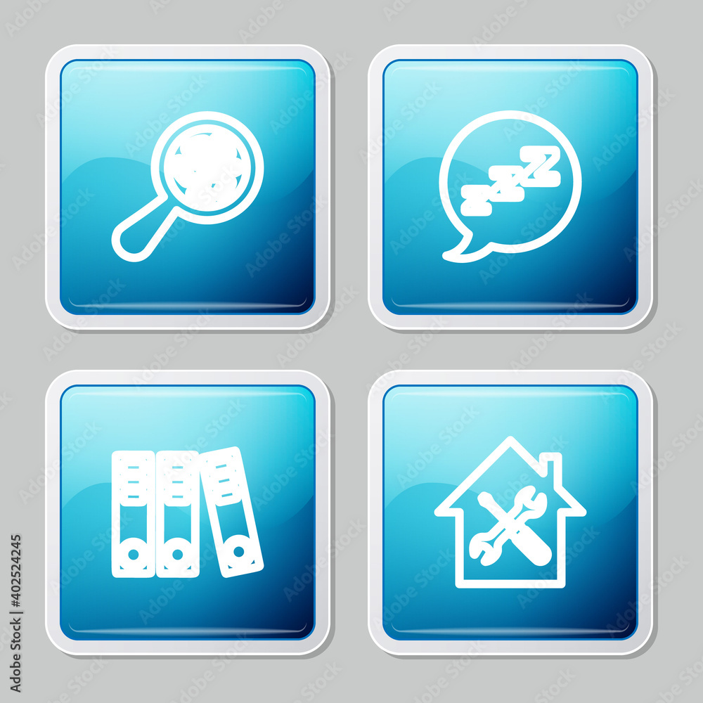 Set line Microorganisms under magnifier, Speech bubble with snoring, Office folders and House service icon. Vector. Set line Microorganisms under magnifier, Speech bubble with snoring, Office folders and House service icon. Vector.