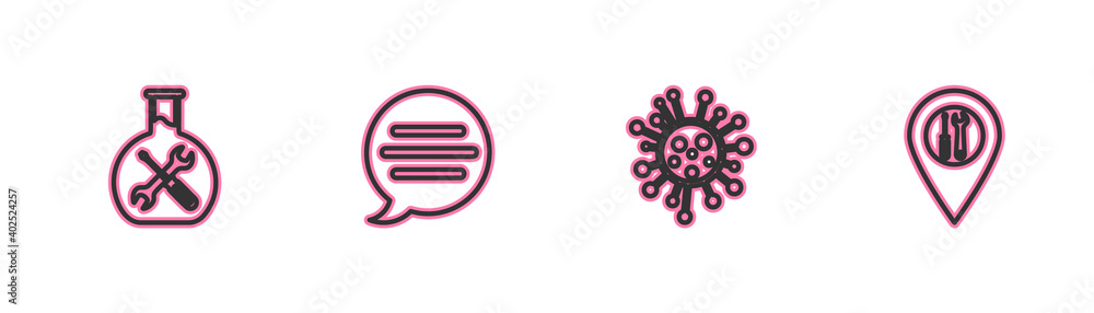 Set line Bioengineering service, Bacteria, Speech bubble chat and Location icon. Vector. Set line Bioengineering service, Bacteria, Speech bubble chat and Location icon. Vector.