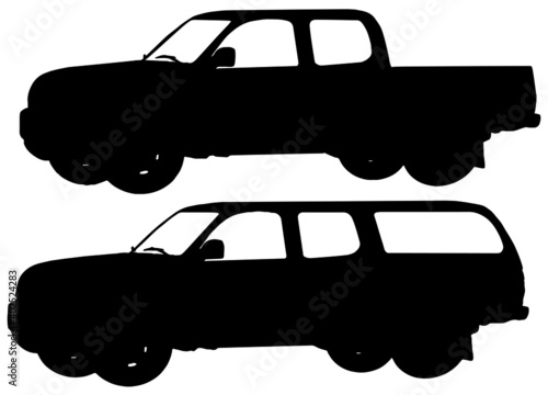 two pick up trucks, silhouette in black on white background, vector graphic
