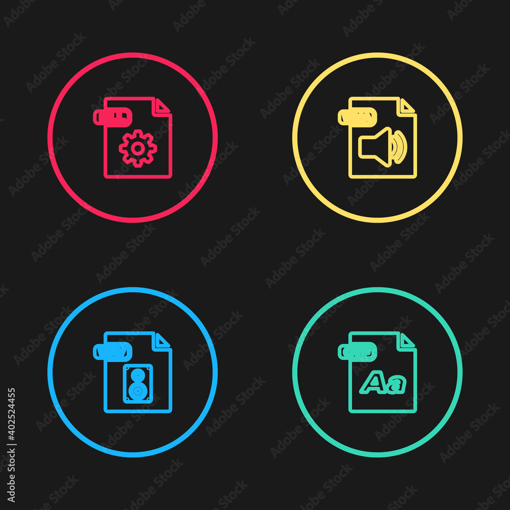 Set line WAV file document, OTF, WMA and DLL icon. Vector. Set line WAV file document, OTF, WMA and DLL icon. Vector.