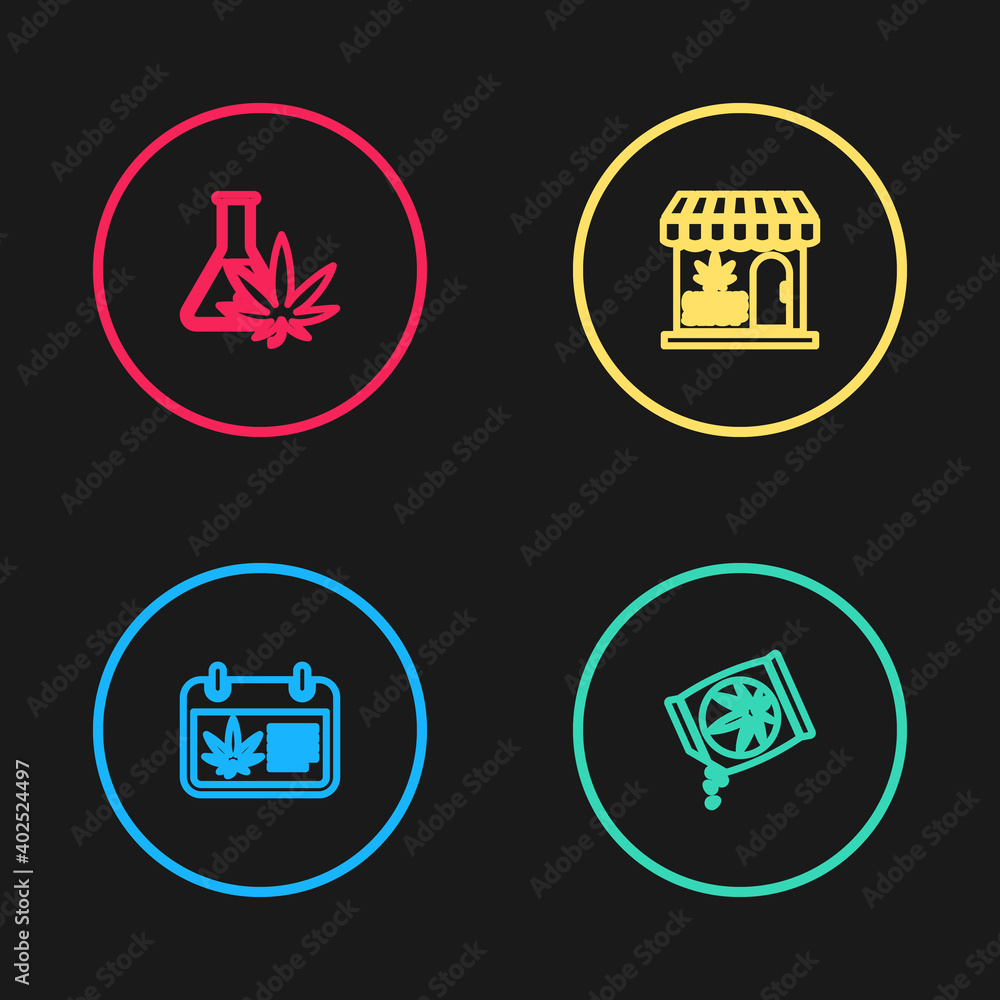 Set line Calendar and marijuana, Marijuana or cannabis seeds, store and Test tube with icon. Vector. Set line Calendar and marijuana, Marijuana or cannabis seeds, store and Test tube with icon. Vector.