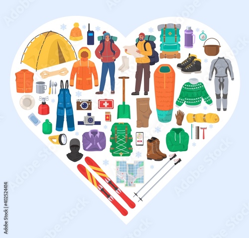 Winter trekking essentials flat vector illustration. Heart shape composition of winter mountain hiking gear and equipment. Warm outdoor clothes, backpack, tent, compass, hiking boots, map, ski, shovel