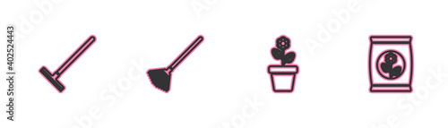 Set line Garden rake, Flower in pot, for leaves and Fertilizer bag icon. Vector.