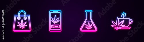 Set line Shopping bag of marijuana, Online buying, Test tube with and Cup tea. Glowing neon icon. Vector.