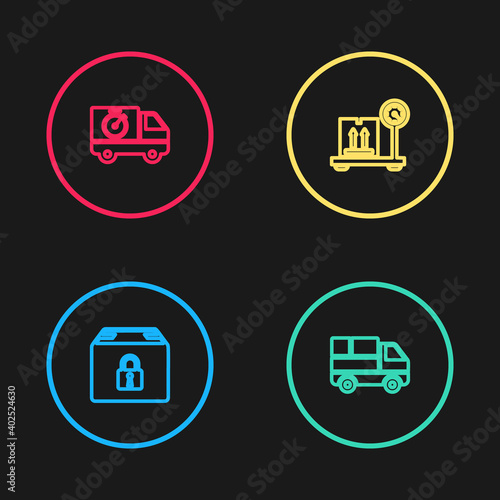 Set line Locked package, Delivery truck with boxes, Scale cardboard and and stopwatch icon. Vector.