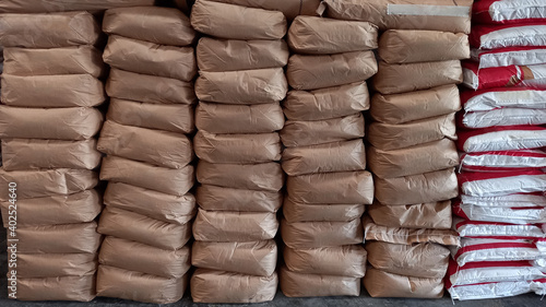 Chemical fertilizer The product stock is packed in sacks, stacked in the warehouse, waiting for delivery. 