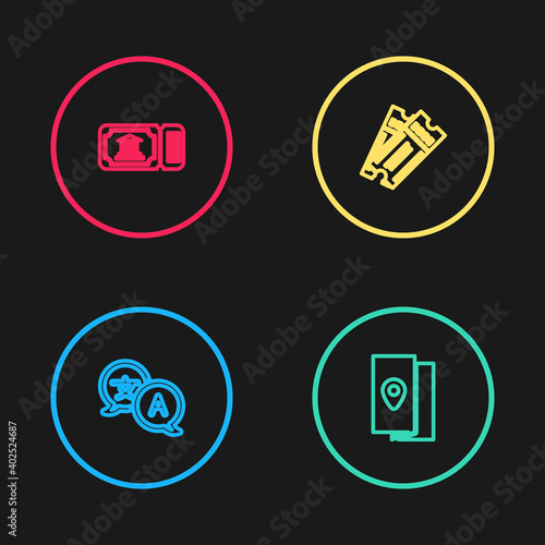 Set line Translator, Cover book travel guide, Ticket and Museum ticket icon. Vector.