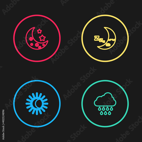 Set line Eclipse of the sun, Cloud with rain, Moon icon and and stars icon. Vector.