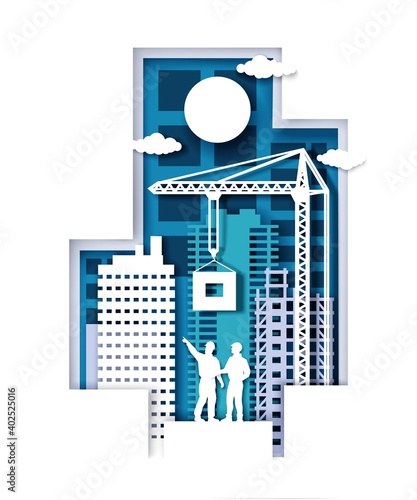 Paper cut craft style construction site with crane, skyscraper buildings, builder workers silhouettes, vector illustration. Construction industry.