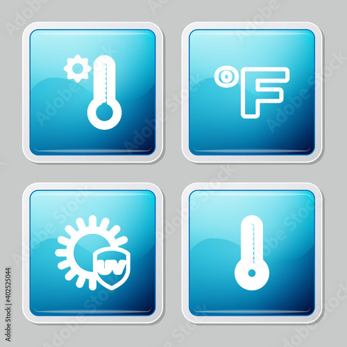 Set line Meteorology thermometer, Fahrenheit, UV protection and icon. Vector.
