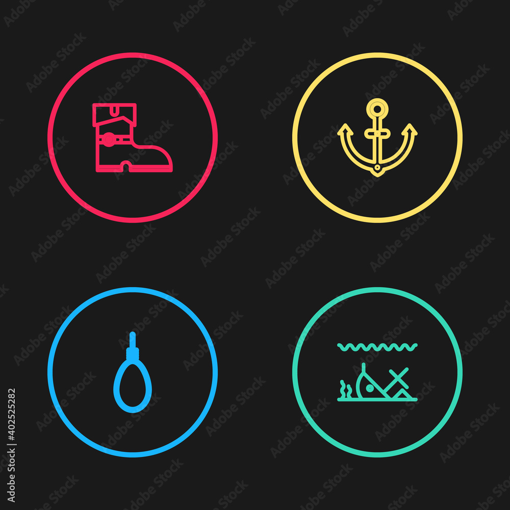 Set line Gallows rope loop hanging, Sunken ship, Anchor and Leather pirate boots icon. Vector.