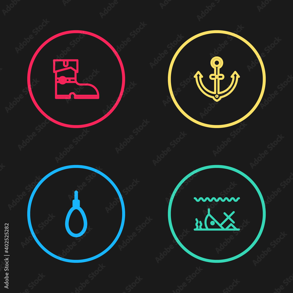 Set line Gallows rope loop hanging, Sunken ship, Anchor and Leather pirate boots icon. Vector. Set line Gallows rope loop hanging, Sunken ship, Anchor and Leather pirate boots icon. Vector.