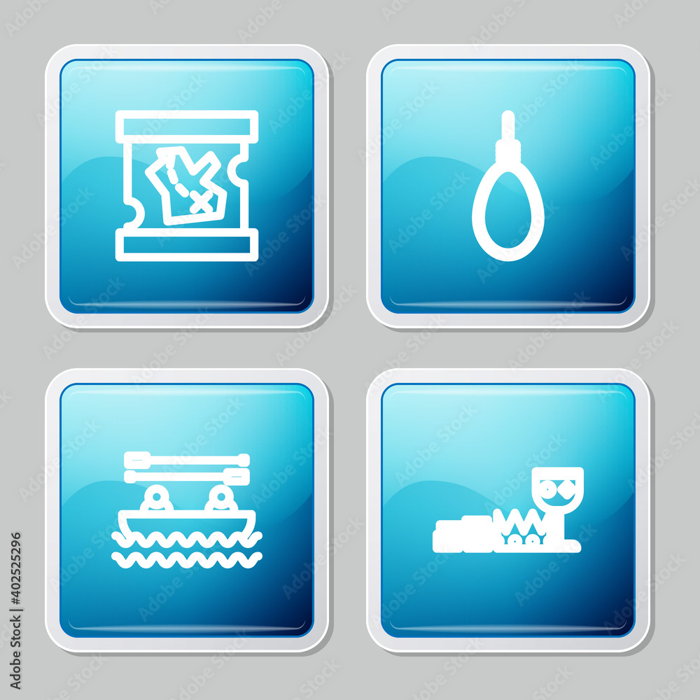 Set line Pirate treasure map, Gallows rope loop hanging, Boat with oars and Treasure and riches icon. Vector. Set line Pirate treasure map, Gallows rope loop hanging, Boat with oars and Treasure and riches icon. Vector.