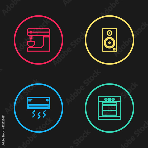 Set line Air conditioner, Oven, Stereo speaker and Electric mixer icon. Vector.